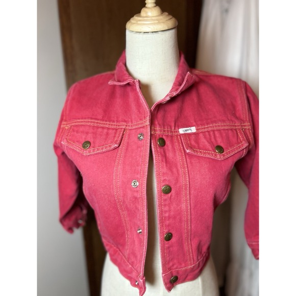 Vintage‎ Guess Leather Patch Red Jean Jacket Kids Large - Picture 1 of 12